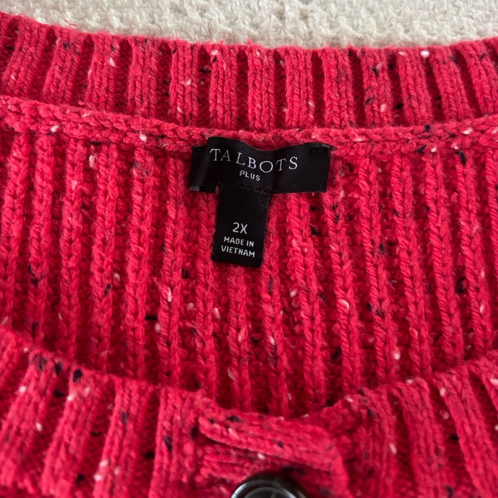 Talbots Speckled Red Cable Knit Puff Sleeve Cardigan Sweater‎ Size 2X - Picture 5 of 11